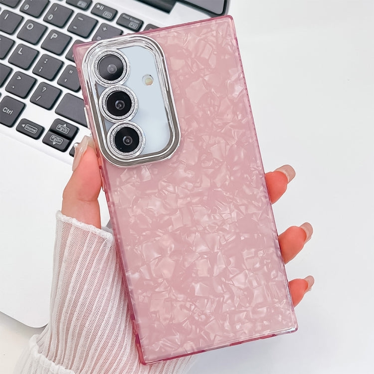 For Samsung Galaxy S25 5G Plating Glitter Texture TPU Phone Case with Lens Film(Pink Shell Pattern)