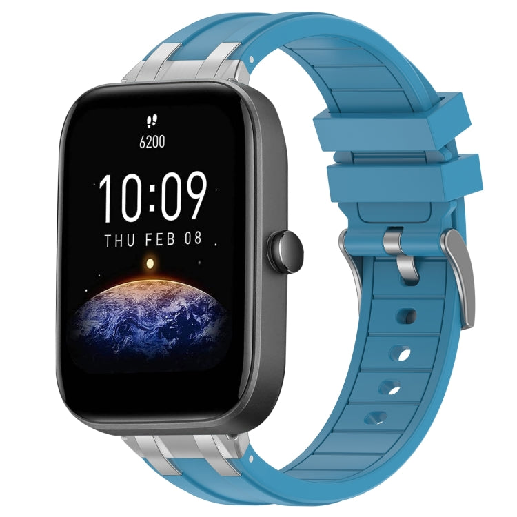 For Amazfit Bip3 Pro 20mm Quick Release Silver Buckle Royal Silicone Watch Band(Sea Blue)