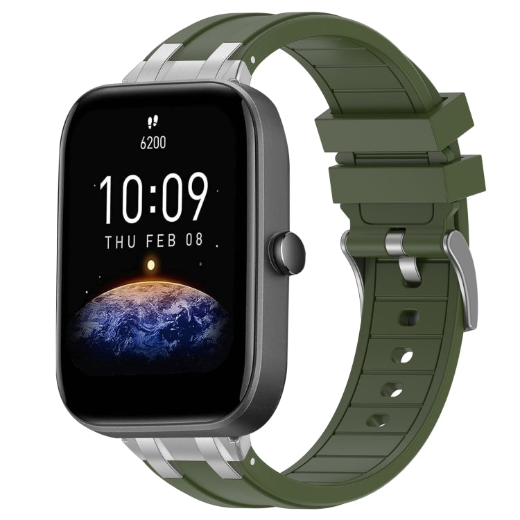 For Amazfit Bip3 20mm Quick Release Silver Buckle Royal Silicone Watch Band(Olive Green)