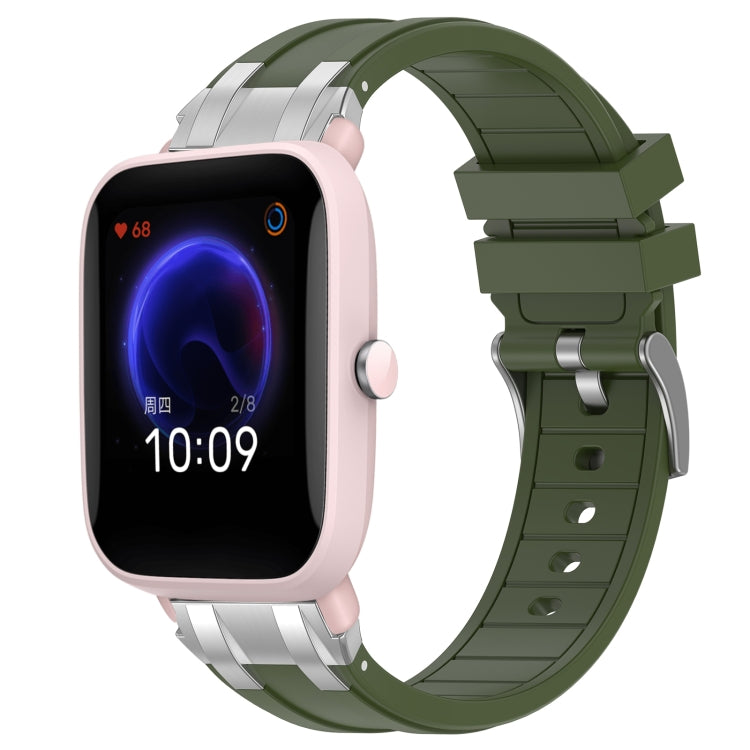 For Amazfit Pop Pro 20mm Quick Release Silver Buckle Royal Silicone Watch Band(Olive Green)
