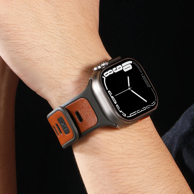 For Apple Watch Ultra 49mm Leather Skin Silicone Watch Band(Brown)