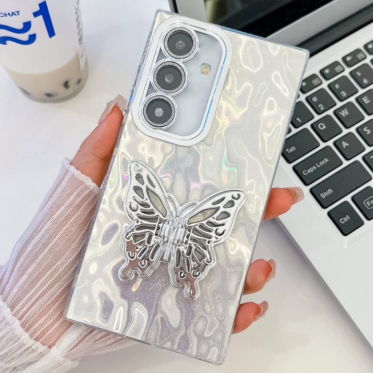 For Samsung Galaxy S25 5G Plating Glitter Texture Butterfly Holder TPU Phone Case with Lens Film(White Wrinkles)