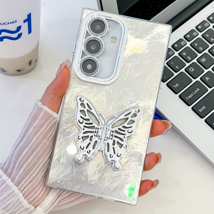 For Samsung Galaxy S25+ 5G Plating Glitter Texture Butterfly Holder TPU Phone Case with Lens Film(White Tinfoil Texture)