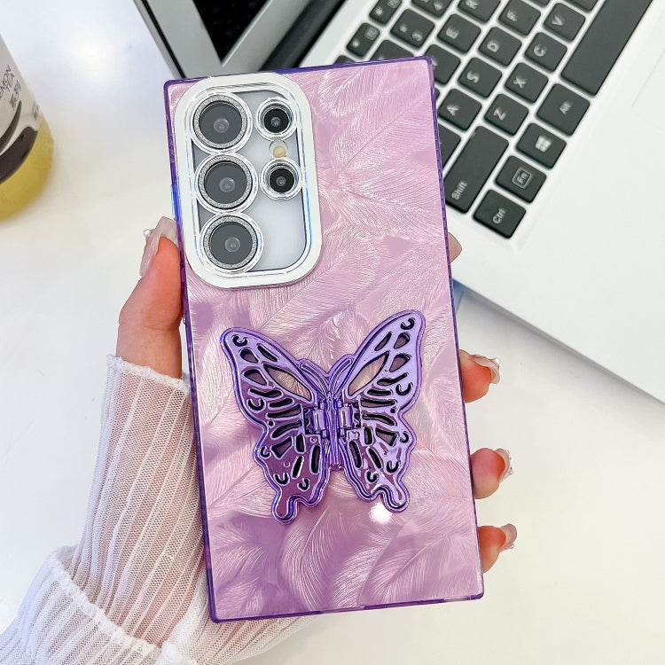 For Samsung Galaxy S25 Ultra 5G Plating Glitter Texture Butterfly Holder TPU Phone Case with Lens Film(Purple Feathers)