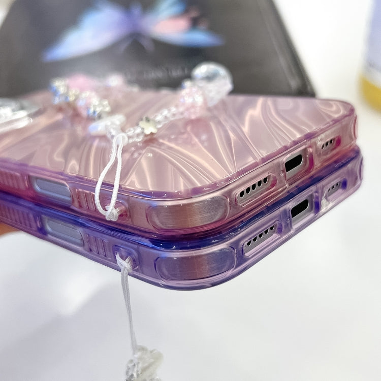 For iPhone 16e Plating Glitter Texture Chain Wristband TPU Phone Case with Lens Film(Pink Tinfoil Texture)
