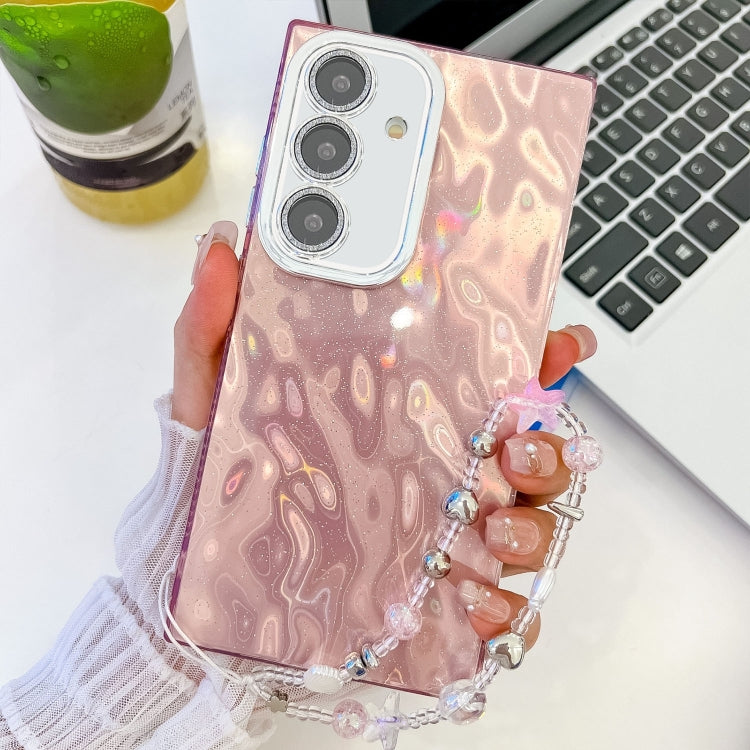 For Samsung Galaxy S25+ 5G Plating Glitter Texture Chain Wristband TPU Phone Case with Lens Film(Pink Wrinkles)