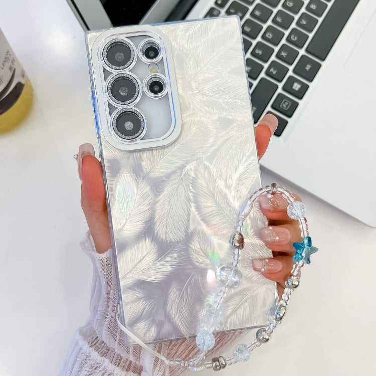 For Samsung Galaxy S25 Ultra 5G Plating Glitter Texture Chain Wristband TPU Phone Case with Lens Film(White Feathers)