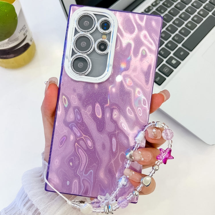 For Samsung Galaxy S25 Ultra 5G Plating Glitter Texture Chain Wristband TPU Phone Case with Lens Film(Purple Wrinkles)