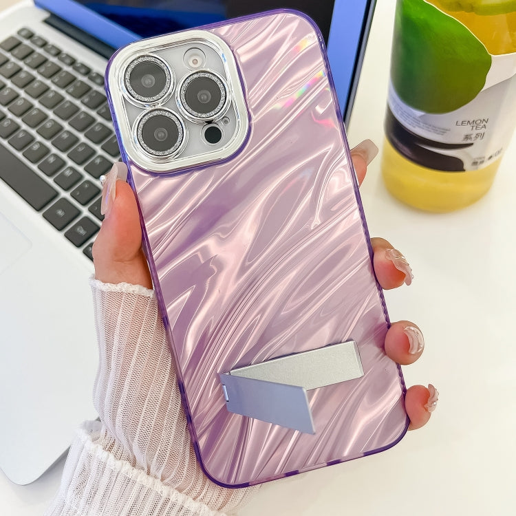 For iPhone 16 Pro Plating Glitter Texture Fold Holder TPU Phone Case with Lens Film(Purple Wrinkles)