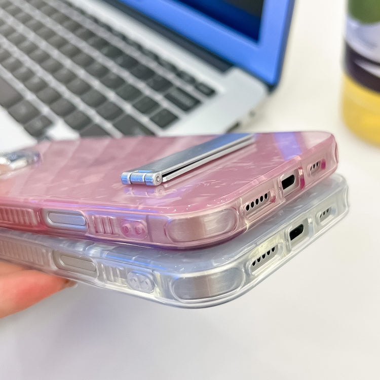For iPhone 16e Plating Glitter Texture Fold Holder TPU Phone Case with Lens Film(Pink Wrinkles) - iPhone 16e Cases by PMC TechLife | Online Shopping South Africa | PMC TechLife | Buy Now Pay Later Mobicred