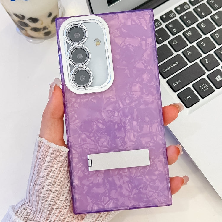 For Samsung Galaxy S25 5G Plating Glitter Texture Fold Holder TPU Phone Case with Lens Film(Purple Shell Pattern)