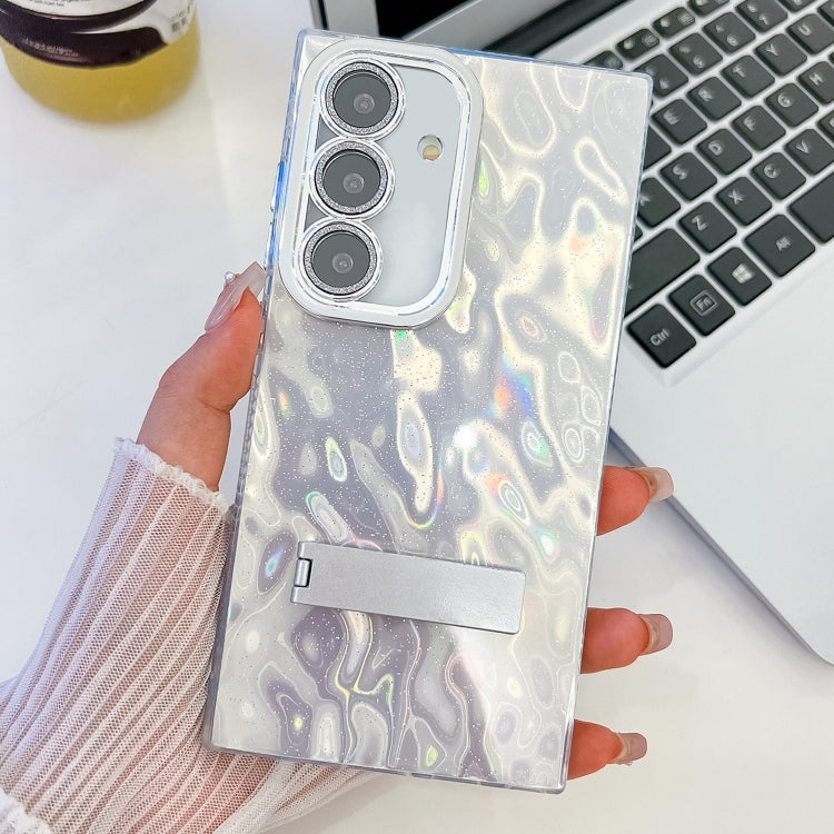 For Samsung Galaxy S25 5G Plating Glitter Texture Fold Holder TPU Phone Case with Lens Film(White Wrinkles)