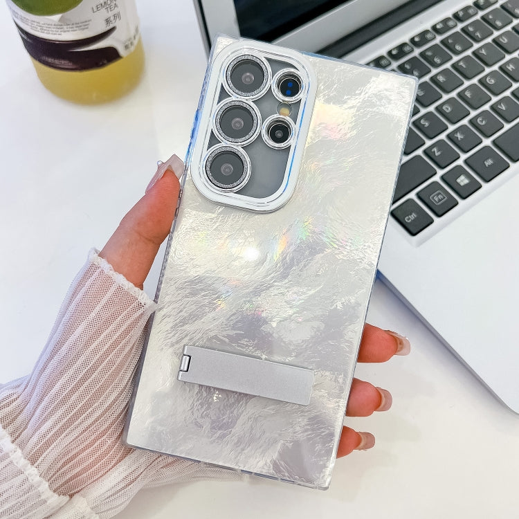 For Samsung Galaxy S25 Ultra 5G Plating Glitter Texture Fold Holder TPU Phone Case with Lens Film(White Tinfoil Texture)