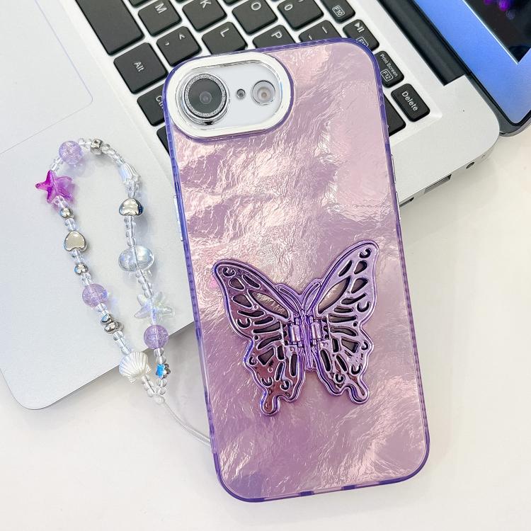 For iPhone 16e Plating Glitter Lens Film Texture Butterfly Holder Wristband Phone Case(Purple Tinfoil Texture)