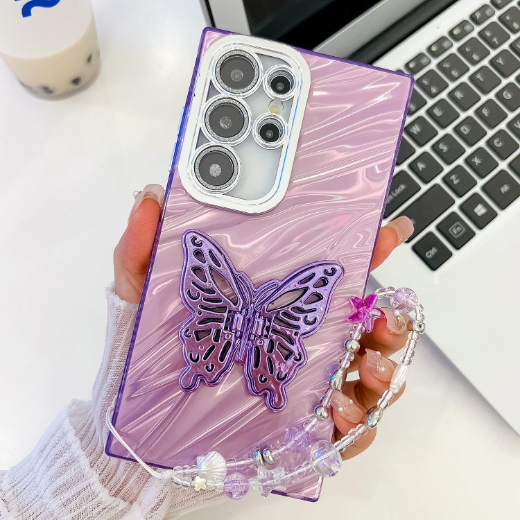 For Samsung Galaxy S25 Ultra 5G Plating Glitter Lens Film Texture Butterfly Holder Wristband Phone Case(Purple Water Ripples)