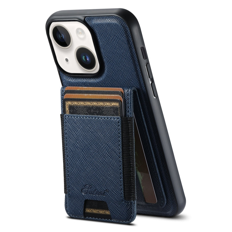 For iPhone 15 Suteni H17 Cross Grain Leather MagSafe Detachable Wallet Phone Case(Blue)