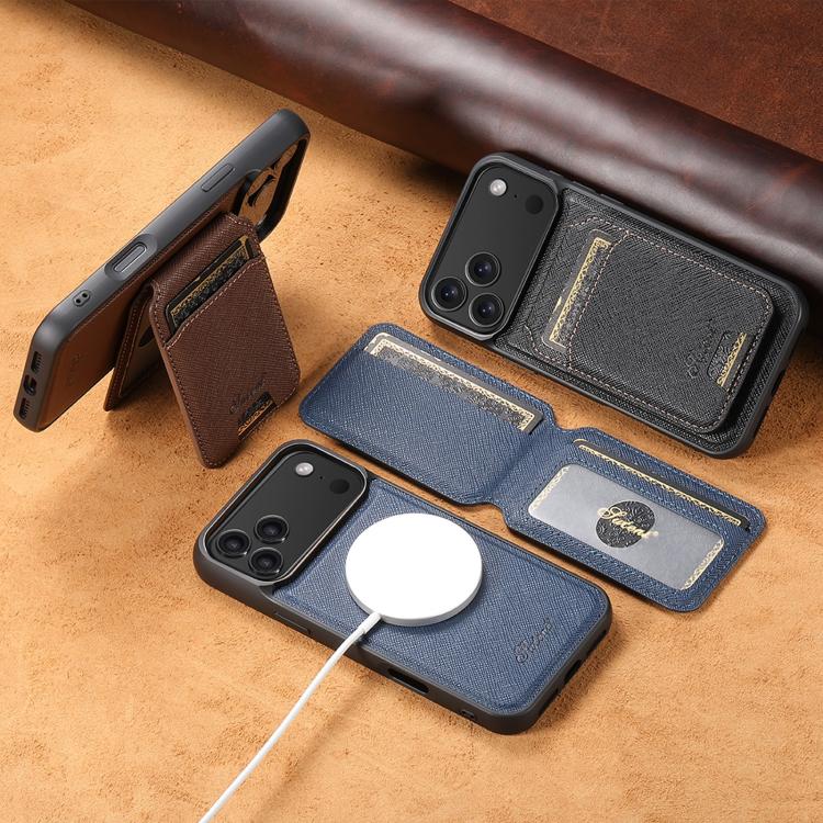 For iPhone 16 Suteni H18 Cross Grain MagSafe Wallet Leather Phone Case(Blue)