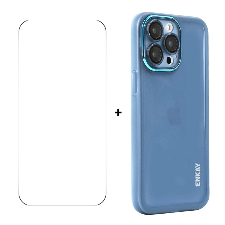 For iPhone 16 Pro Max ENKAY Hat-Prince Translucent Matte TPU Phone Case with Lens Film + 9H Big Arc Edge Film(Blue)