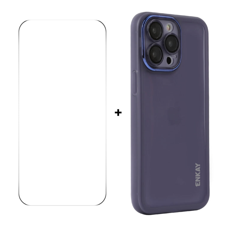 For iPhone 16 Pro Max ENKAY Hat-Prince Translucent Matte TPU Phone Case with Lens Film + 9H Big Arc Edge Film(Purple)