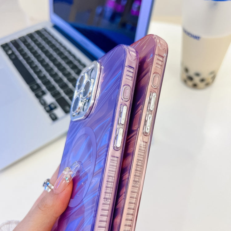 For iPhone 16 Pro Max Plating Texture Wristband MagSafe TPU Phone Case with Glitter Lens Film(White Water Ripples)