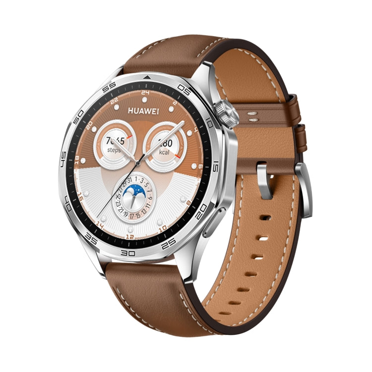For Huawei Watch GT 5 Pro 46mm Silver Buckle Genuine Leather Watch Band(Brown)