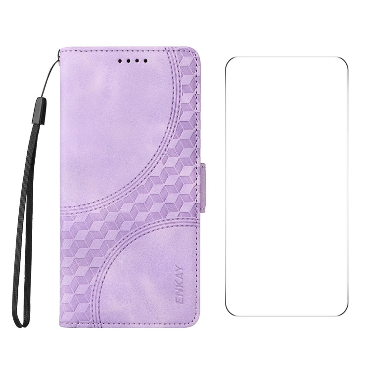 For OPPO Reno12 F 4G Global ENKAY Embossed Rhombus Starry Leather Phone Case with Screen Film(Purple)