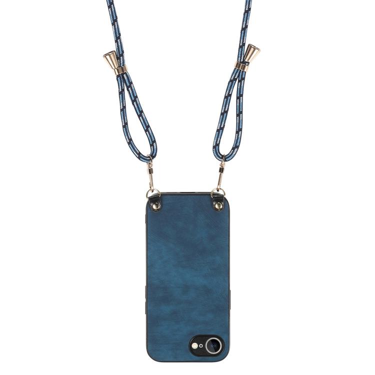 For iPhone 16e Vintage Leather PC Back Cover Phone Case with Crossbody Strap(Blue)