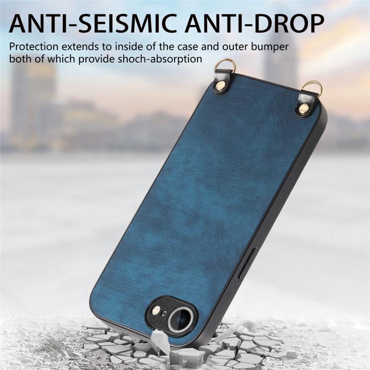 For iPhone 16e Vintage Leather PC Back Cover Phone Case with Crossbody Strap(Blue)