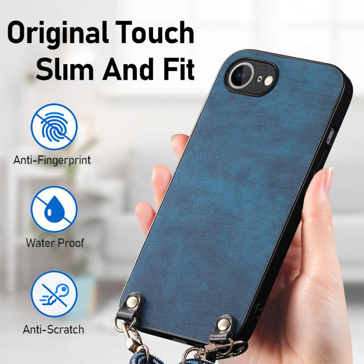 For iPhone 16e Vintage Leather PC Back Cover Phone Case with Crossbody Strap(Blue)