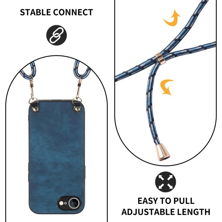 For iPhone 16e Vintage Leather PC Back Cover Phone Case with Crossbody Strap(Blue)