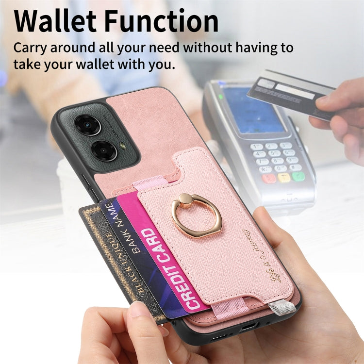 For Motorola Moto G 5G 2024 Retro Magsafe Cross Leather Ring Holder Card Bag Phone Case(Pink)