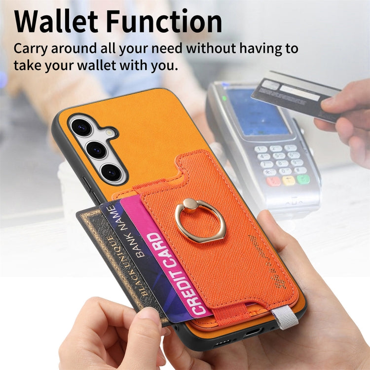 For Samsung Galaxy S25 5G Retro Cross Leather Ring Horizontal Insert Card Bag MagSafe Phone Case(Yellow)