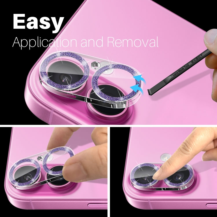 For iPhone 16 / 16 Plus NORTHJO Camera Lens Protector Glitter Ring 3D Tempered Glass Film(Purple)
