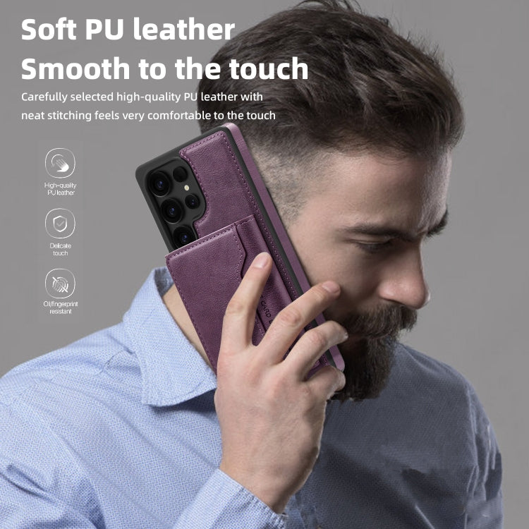 For Samsung Galaxy S25 5G Shield Multi-functional MagSafe Card Bag Phone Case(Purple)