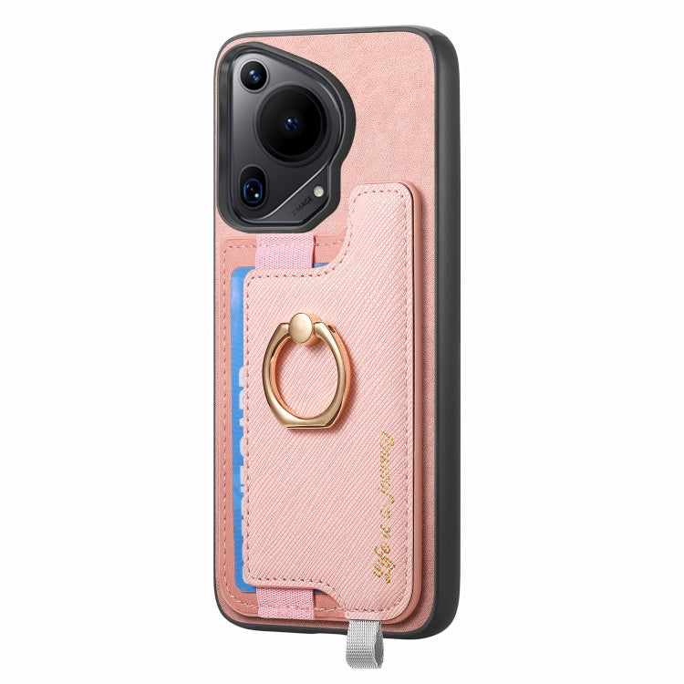 For Huawei Pura 70 Ultra Retro Magsafe Cross Leather Ring Holder Card Bag Phone Case(Pink)
