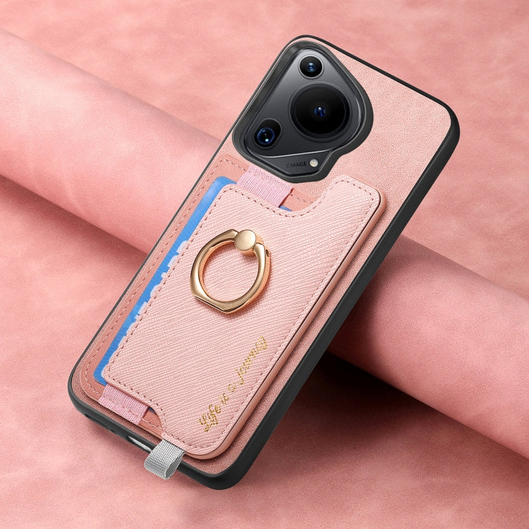 For Huawei Pura 70 Ultra Retro Magsafe Cross Leather Ring Holder Card Bag Phone Case(Pink)