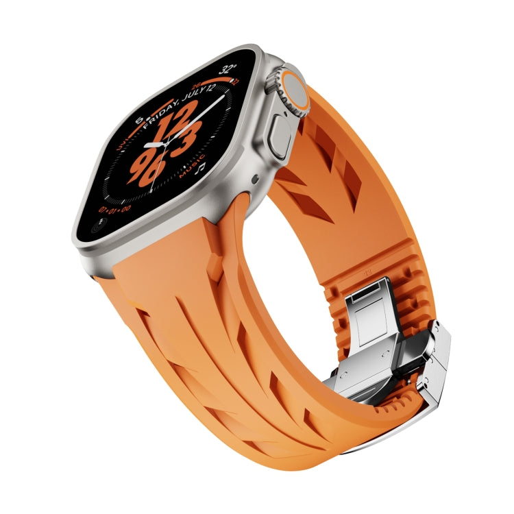 For Apple Watch 44mm / 45mm / 46mm / 49mm Tailor Stainless Steel Silver Butterfly Buckle Silicone Watch Band(Orange)