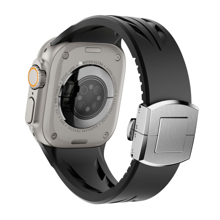 For Apple Watch 44mm / 45mm / 46mm / 49mm Tailor Stainless Steel Silver Butterfly Buckle Silicone Watch Band(Black)