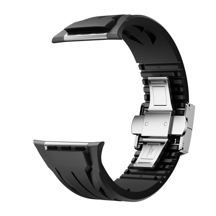 For Apple Watch 44mm / 45mm / 46mm / 49mm Tailor Stainless Steel Silver Butterfly Buckle Silicone Watch Band(Black)