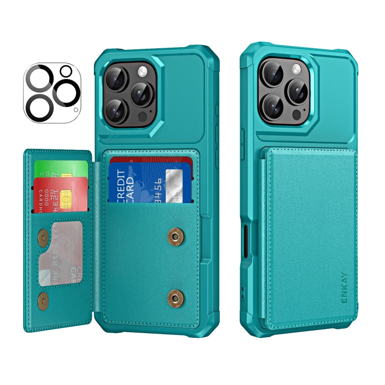 For iPhone 16 Pro ENKAY Hat-Prince Card Slot Wallet TPU Back Leather Phone Case with Lens Film(Cyan)