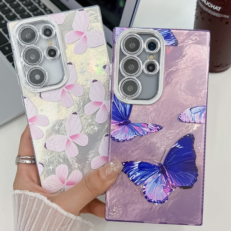 For Samsung Galaxy S25 Ultra 5G Plating Texture Butterfly TPU Phone Case with Glitter Lens Film(Flowers Butterflies HU1)