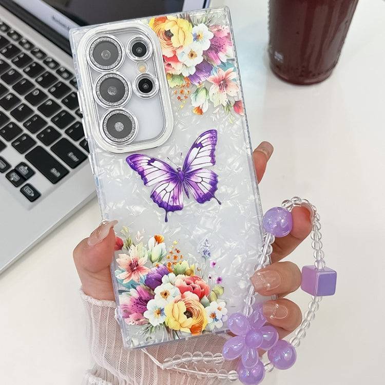 For Samsung Galaxy S25 Ultra 5G Plating Texture Butterfly Wristband TPU Phone Case with Glitter Lens Film(Flowers Butterflies HU1)