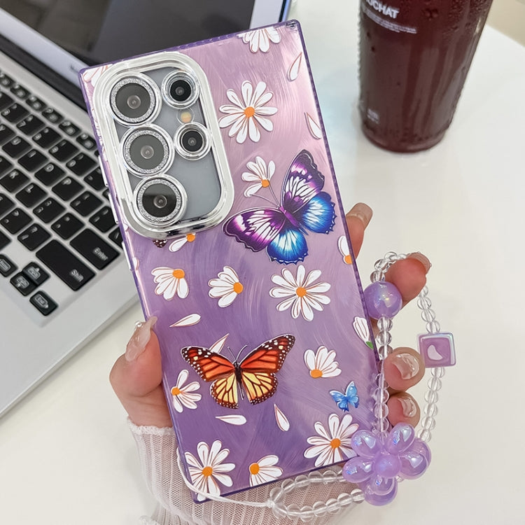 For Samsung Galaxy S25 Ultra 5G Plating Texture Butterfly Wristband TPU Phone Case with Glitter Lens Film(Daisy Butterflies HU2)