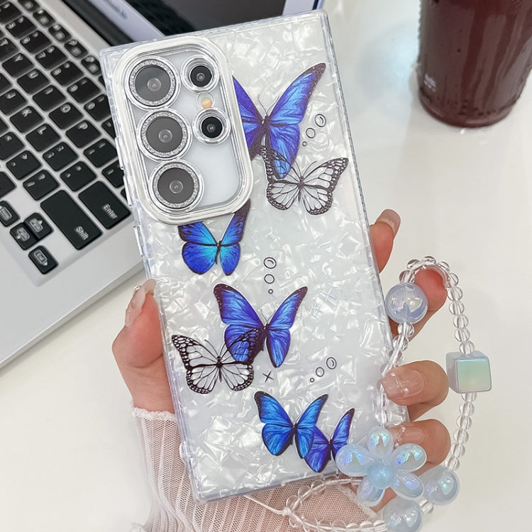 For Samsung Galaxy S25 Ultra 5G Plating Texture Butterfly Wristband TPU Phone Case with Glitter Lens Film(Blue Butterflies HU3)