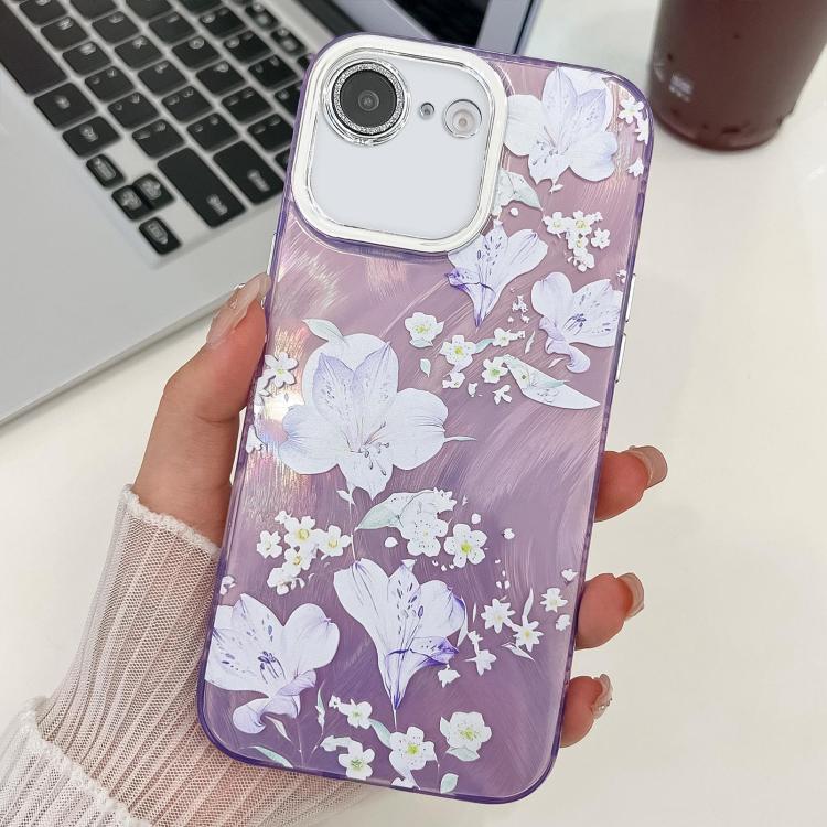 For iPhone 16e Electroplating Flowers Plants Texture TPU Phone Case(Pale Purple FlowerFL11)
