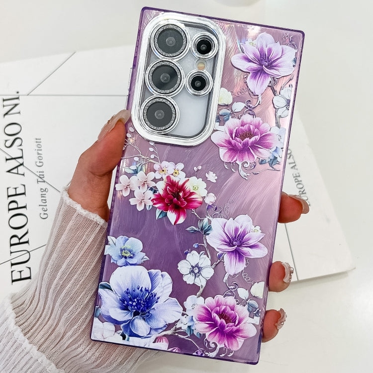 For Samsung Galaxy S25 Ultra 5G Electroplating Flowers Plants Texture TPU Phone Case(Purple Flowers FL1)