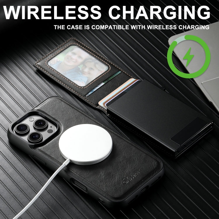 For iPhone 16 Pro Suteni H19 Oil Wax 2-in-1 MagSafe Removable Card Box Back Phone Case(Black)