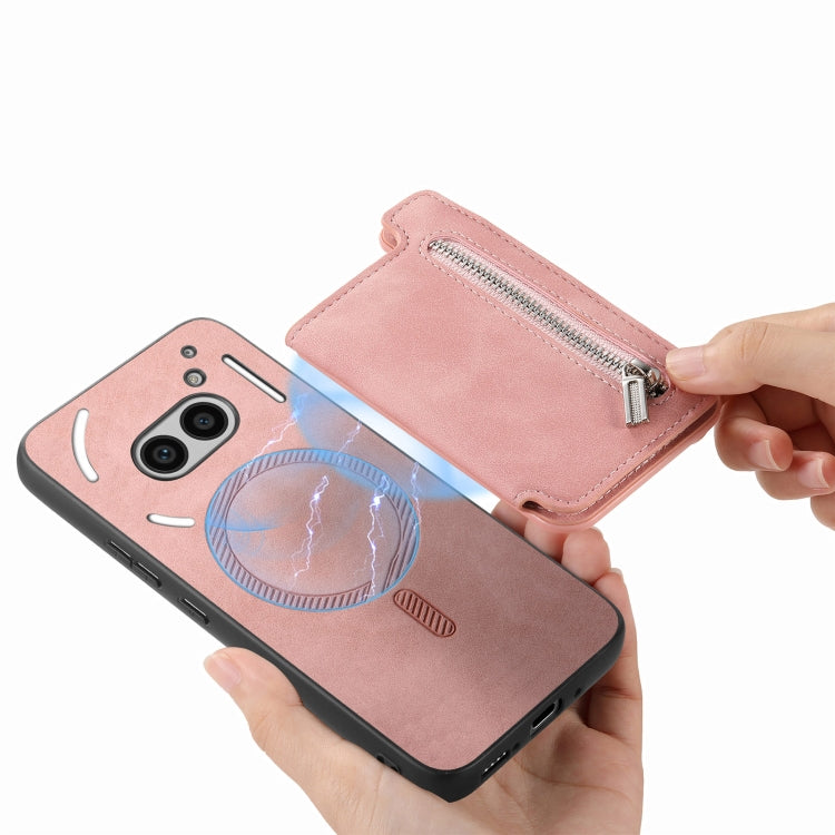 For Nothing Phone 2a Retro MagSafe Zipper Wallet Card Bag Back Phone Case(Pink)
