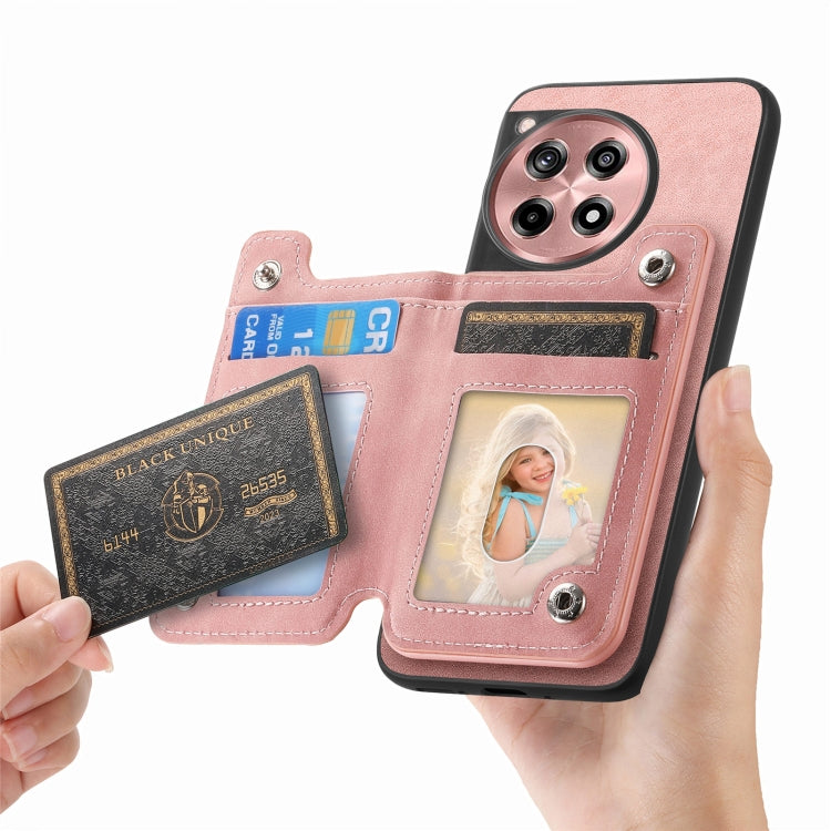 For OnePlus Ace 3 5G / 12R 5G Retro MagSafe Zipper Wallet Card Bag Back Phone Case(Pink)