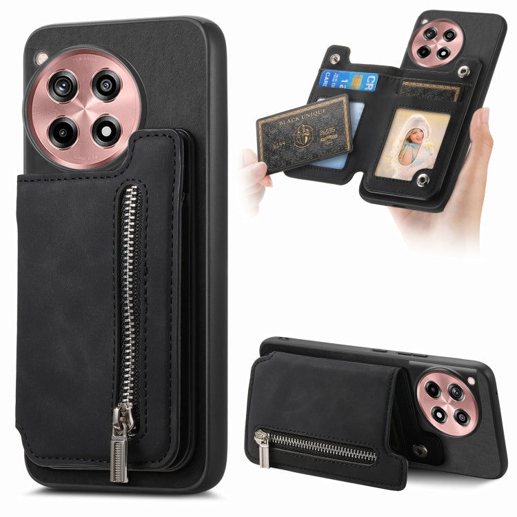 For OnePlus Ace 3 5G / 12R 5G Retro MagSafe Zipper Wallet Card Bag Back Phone Case(Black)
